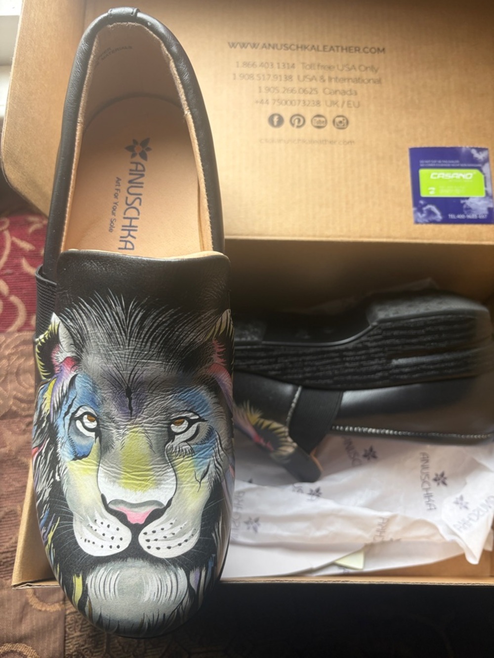 Anuschka Black Leather Loafers with Multicolor Lion Hand-Painted Design